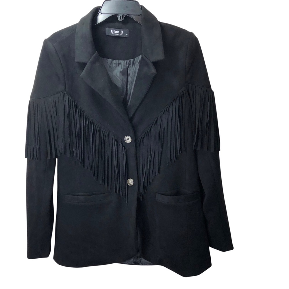 Blue B Coll. Faux Suede Fringe Rivets Jacket Sz M Black Rock Western Rockabilly - Picture 6 of 11